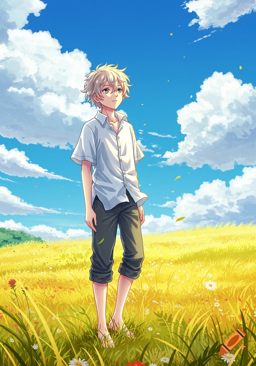 An anime boy with light hair stands barefoot in a golden grassy field under a bright blue sky with white clouds.