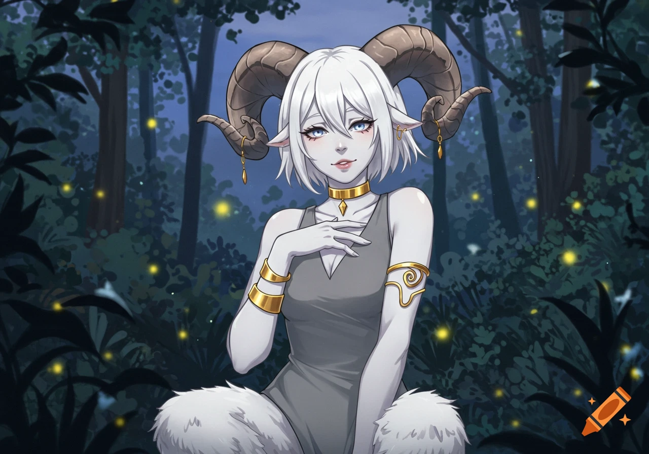 An anime satyress with white fur, ram horns, gray dress, and golden jewelry sits in a dark forest with fireflies.