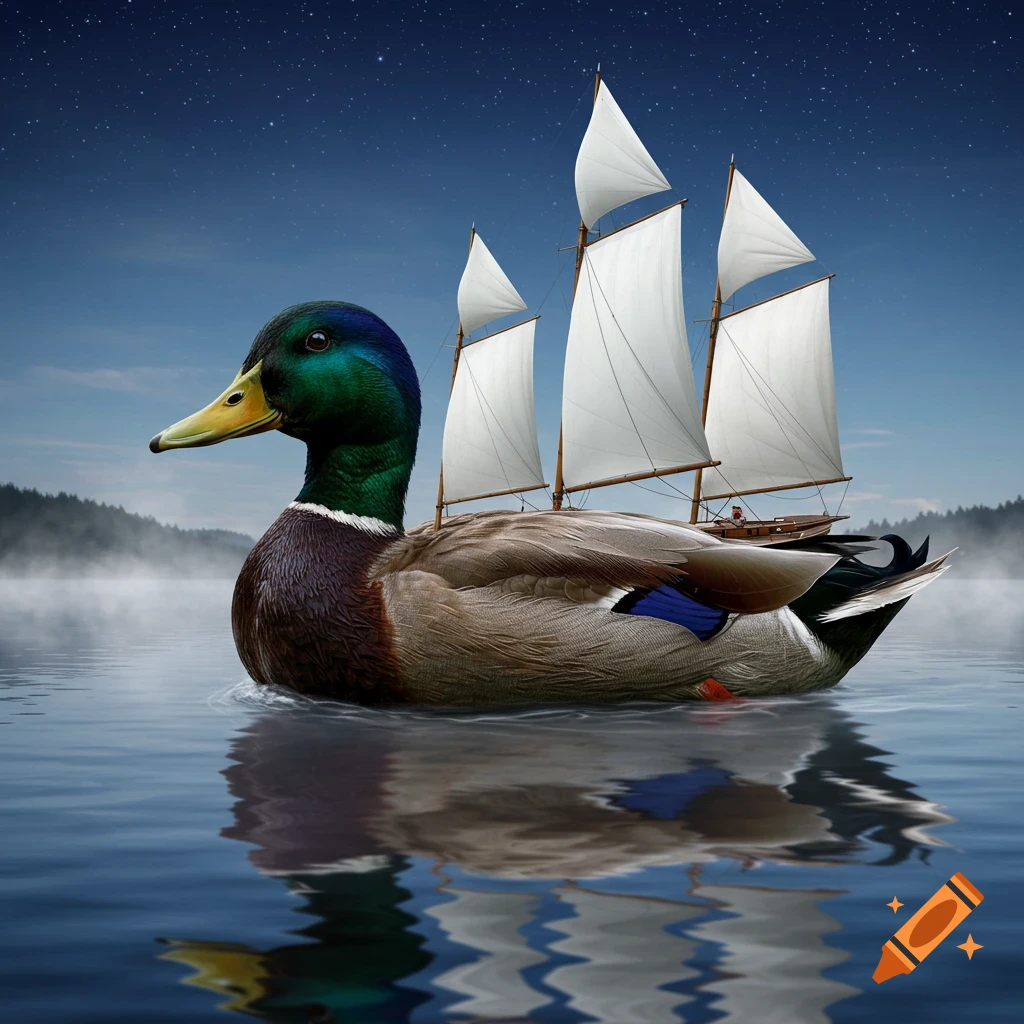 Photorealistic image of a mallard duck transformed into a sailing ship, floating on water under a starry night sky.