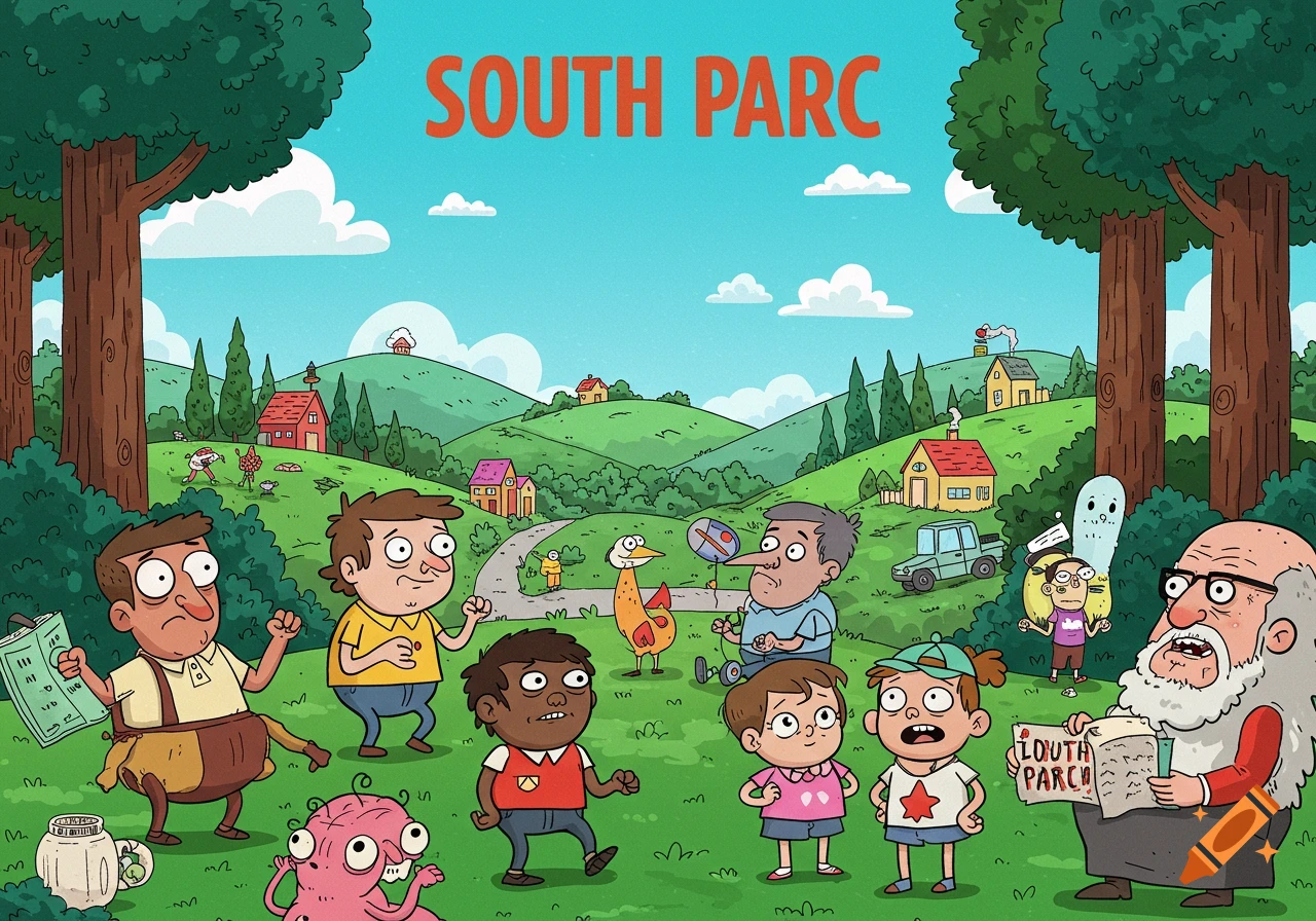 A cartoon illustration in the style of South Park with various characters, a duck, and a ghost in a green, hilly landscape with houses. The text "SOUTH PARC" is at the top.
