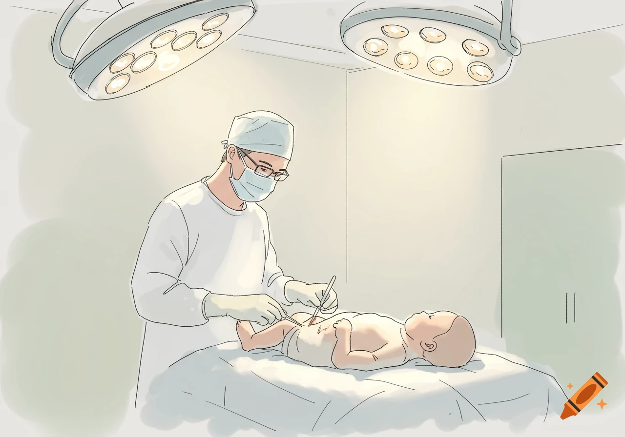 Illustrated drawing of a doctor in surgical scrubs and mask performing a procedure on a baby under bright operating room lights.