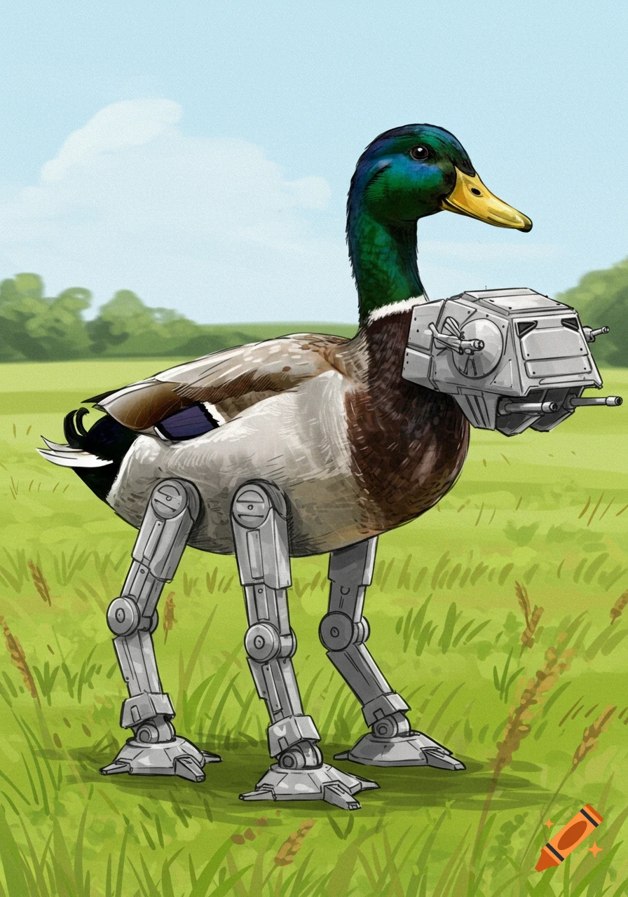 A cartoon drawing of a mallard duck with AT-ST walker legs and a chest-mounted head standing in a green field.