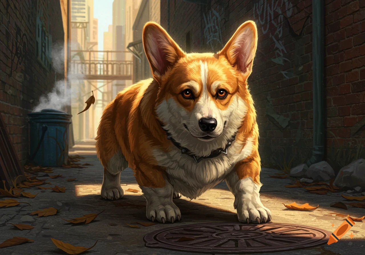 A fluffy, orange and white corgi with a black collar stands on a gritty alley street with fallen leaves, facing the viewer. Digital painting.
