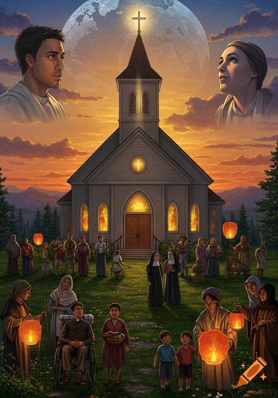 Diverse people gathered around a church at sunset, some holding lanterns, with a large moon and two ethereal figures in the sky. Digital painting.