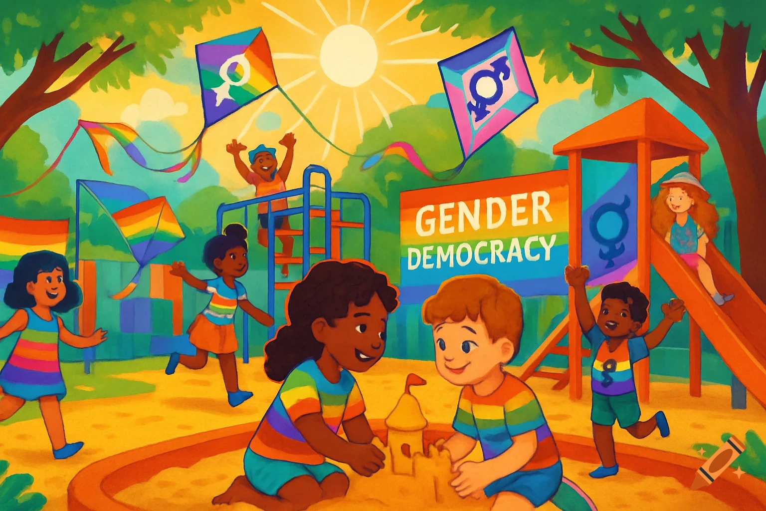 Colorful illustration of diverse children playing in a sunny playground with rainbow kites and a "GENDER DEMOCRACY" sign.