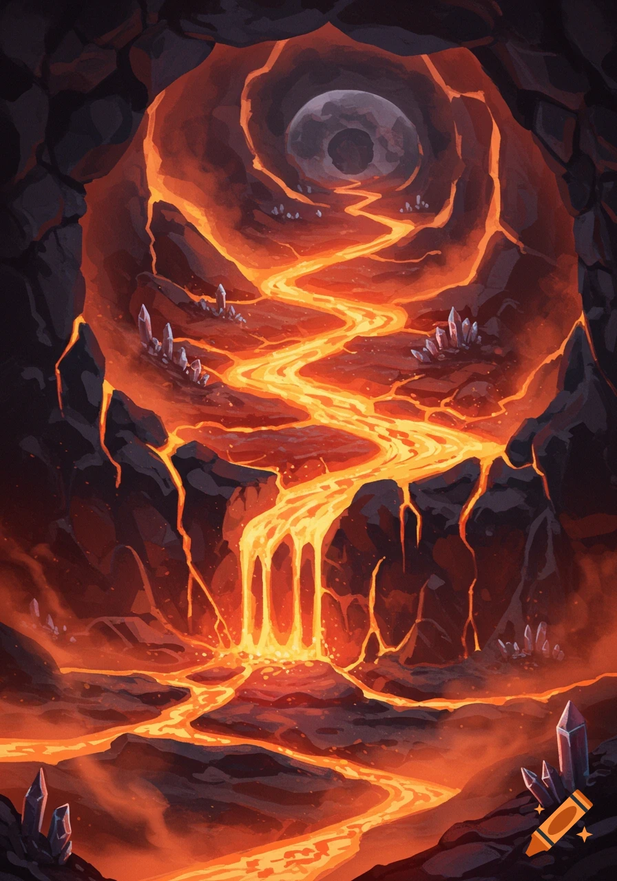 Stylized illustration of a fiery cavern with a river of glowing orange magma flowing through dark rocks and crystals.