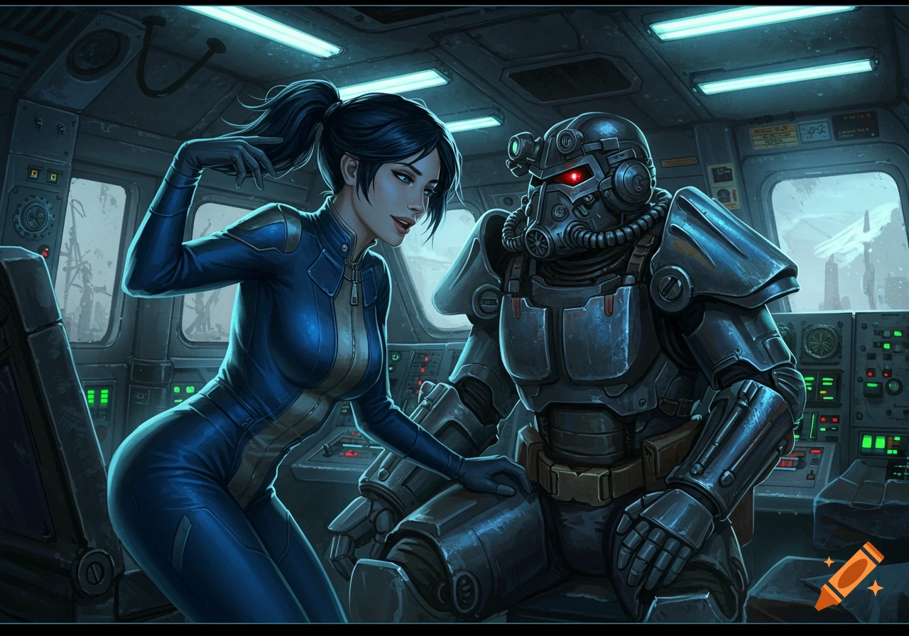 Woman in a blue vault suit flirting with a Brotherhood of Steel member in a detailed sci-fi cockpit.