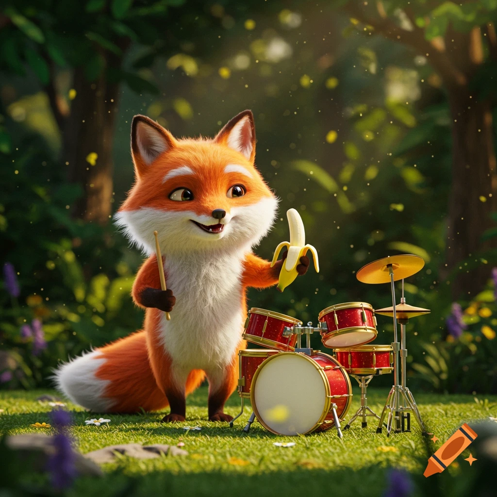 A cute, fluffy orange and white fox stands in a sunlit forest, holding a drumstick and a peeled banana next to a red drum set.