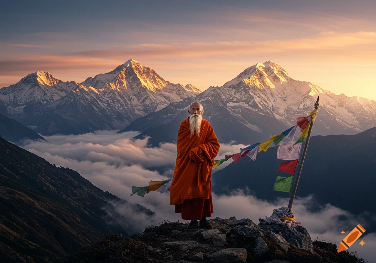 Old monk with a long silver beard in saffron robes stands on a cliff in the Himalayas at sunrise, with prayer flags and snow-covered peaks.
