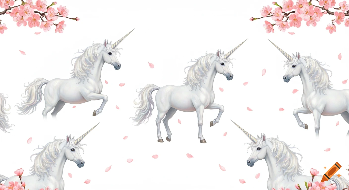 A seamless pattern of white unicorns with flowing manes and tails, surrounded by pink cherry blossoms and falling petals on a white background.