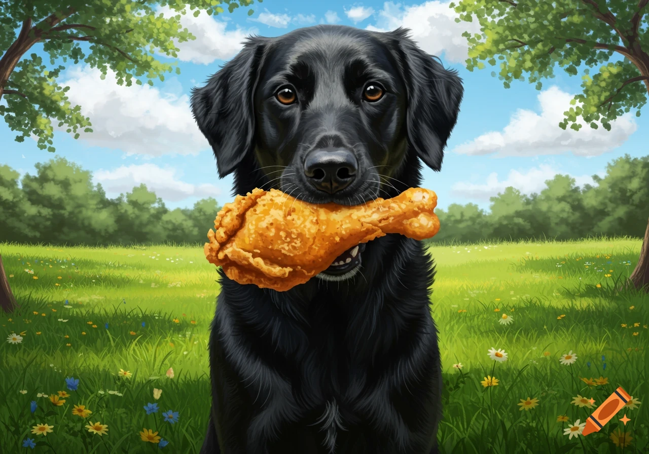 A black dog with glossy fur holds a large fried chicken drumstick in its mouth, standing in a sunny green field with trees and blue sky.