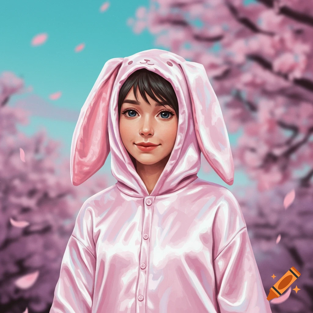 Young woman in a pink satin bunny kigurumi, standing amidst cherry blossoms.