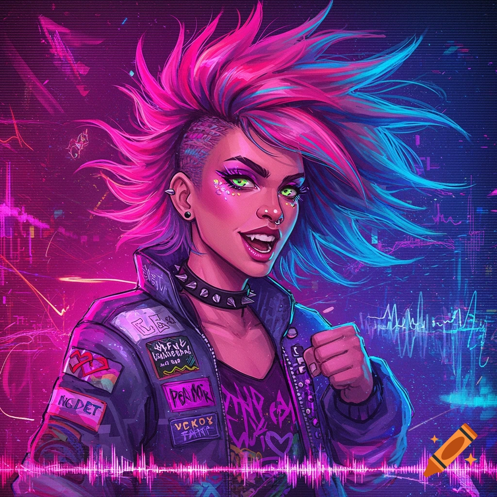 A cyberpunk woman with a pink and blue mohawk, glowing green eyes, fangs, and a patched jacket, amidst neon city lights and sound waves.