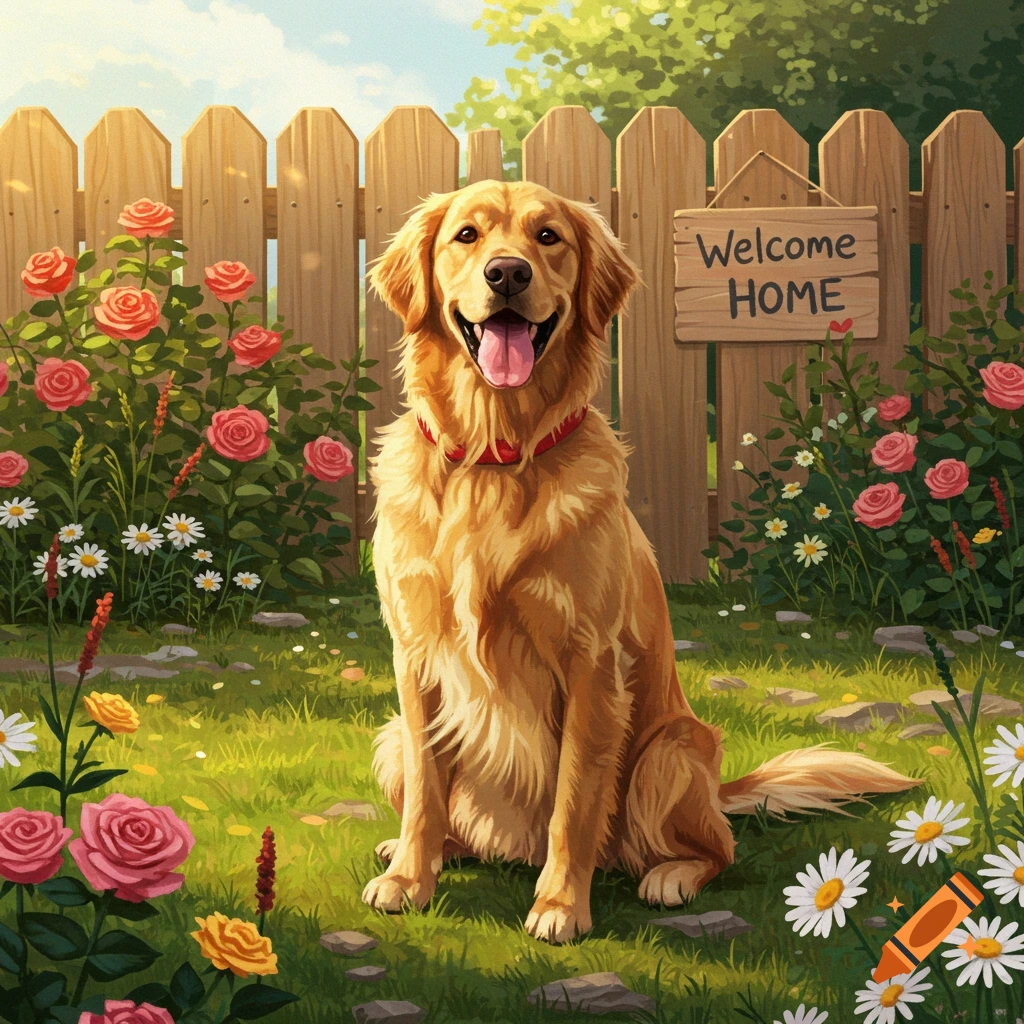 A happy golden retriever sits in a lush garden with a Welcome Home sign on a wooden fence, surrounded by colorful flowers. Illustration.