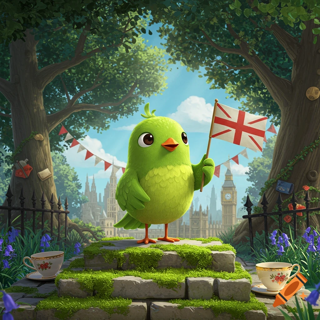 A vibrant cartoon Duolingo bird holds a British flag while standing on mossy steps in a park, with the London skyline and Big Ben in the background.