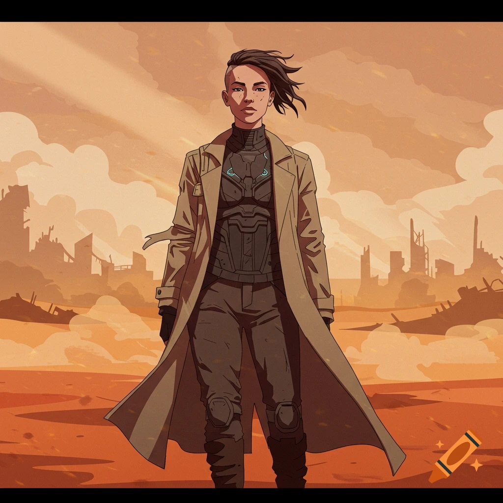 Flat-shaded illustration of a woman in a duster and futuristic armor standing in a desolate, post-apocalyptic landscape.