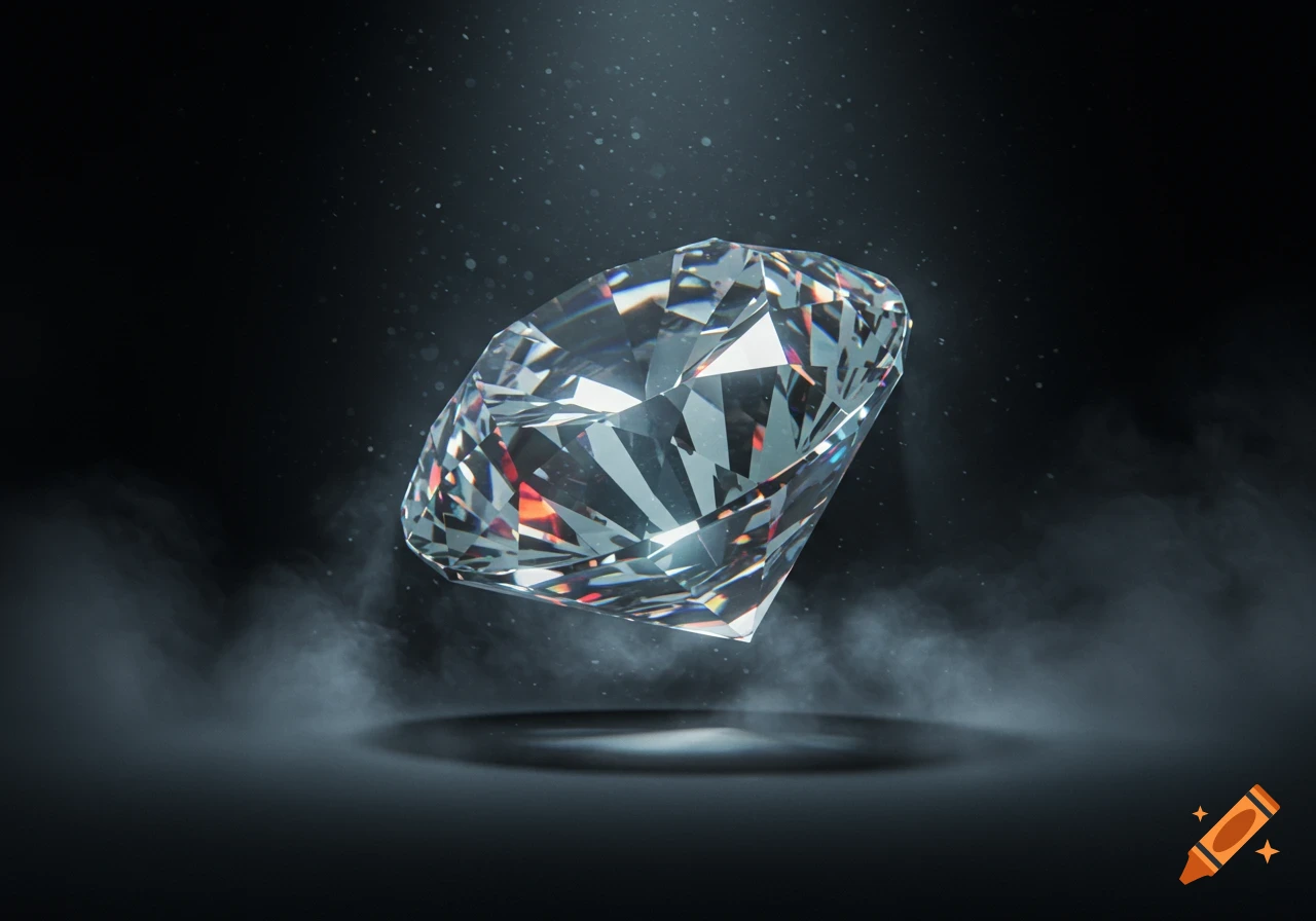 A brilliant cut diamond shines and floats on a dark, smoky background with light particles.