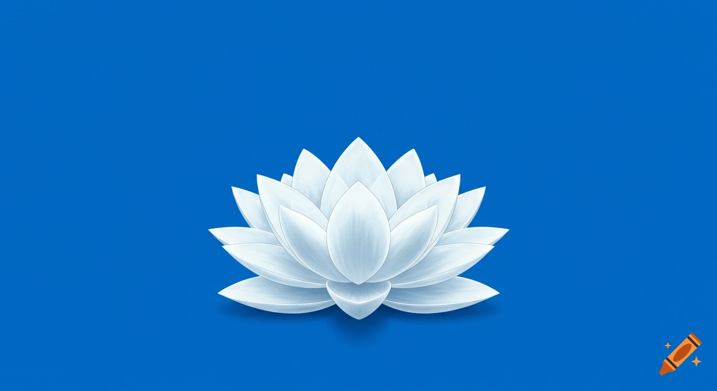A symmetrical white lotus flower with many petals against a vibrant blue background.