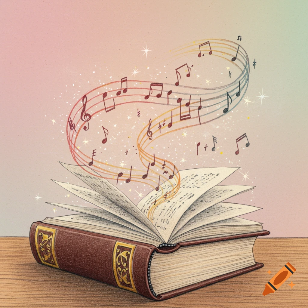 Illustrated brown book with gold accents, open on a wooden table, with colorful musical notes and sparkling lights flowing upwards from its pages.