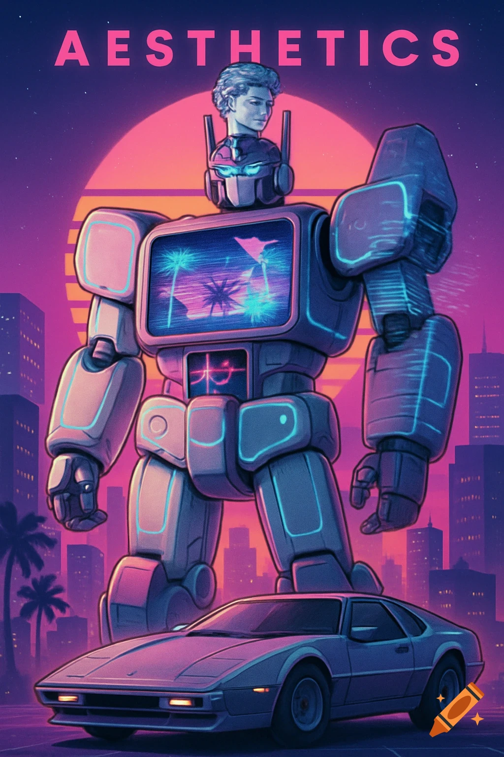 A vaporwave-style giant robot with a human head, standing over an 80s sports car in a neon cityscape under a sunset.