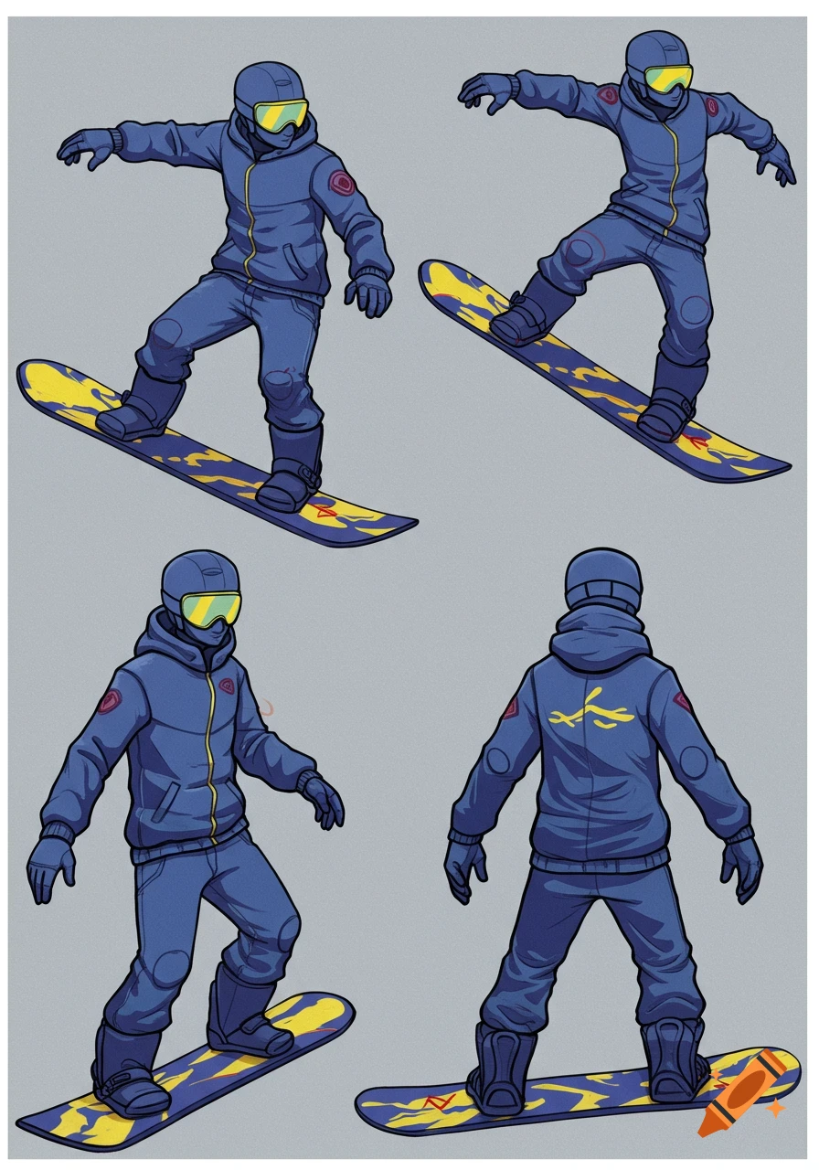 Four views of a stylized snowboarder in a blue suit with yellow goggles and a yellow patterned snowboard.