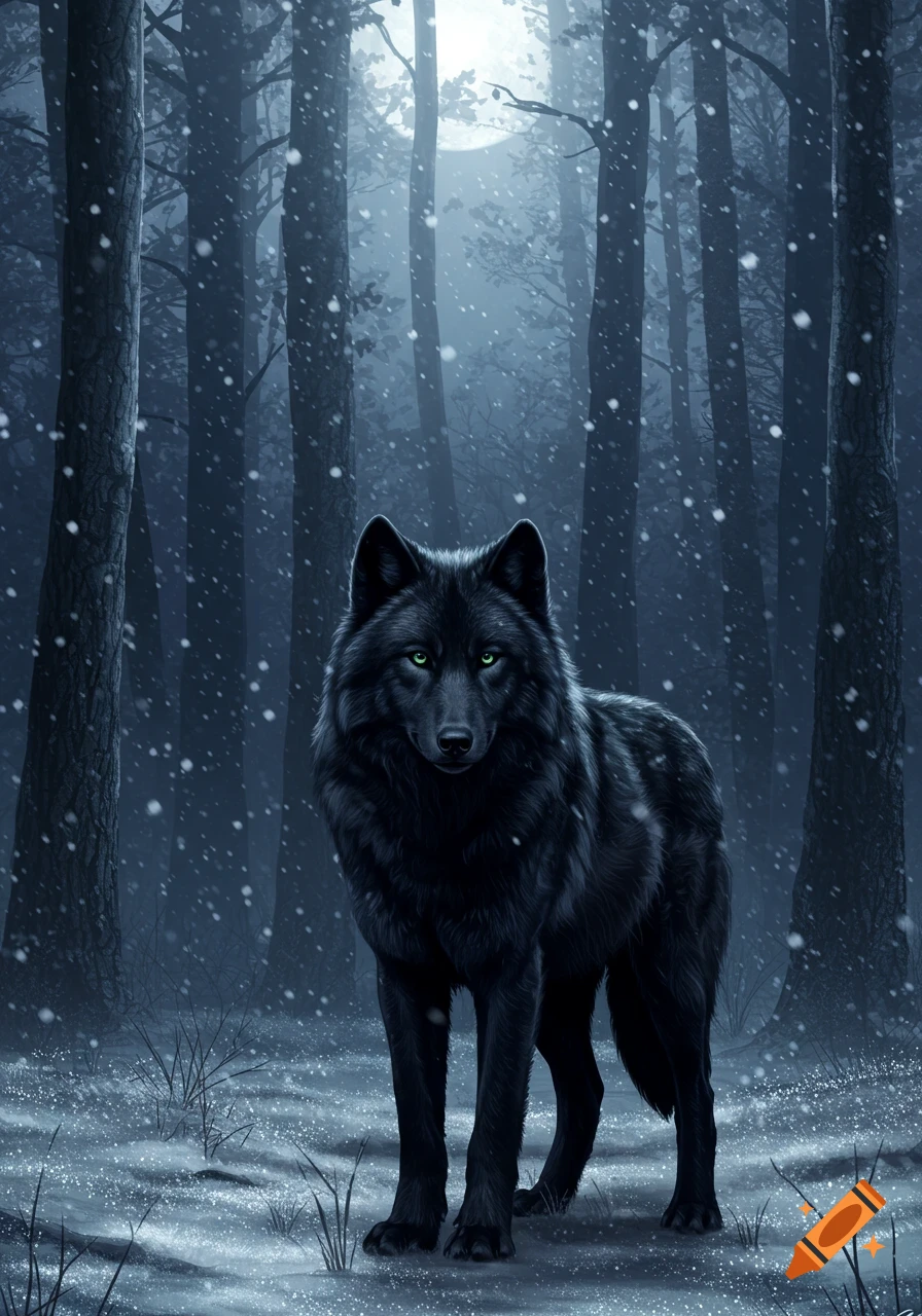 A black wolf with glowing green eyes stands in a snowy, moonlit forest, with tall dark trees and falling snow.