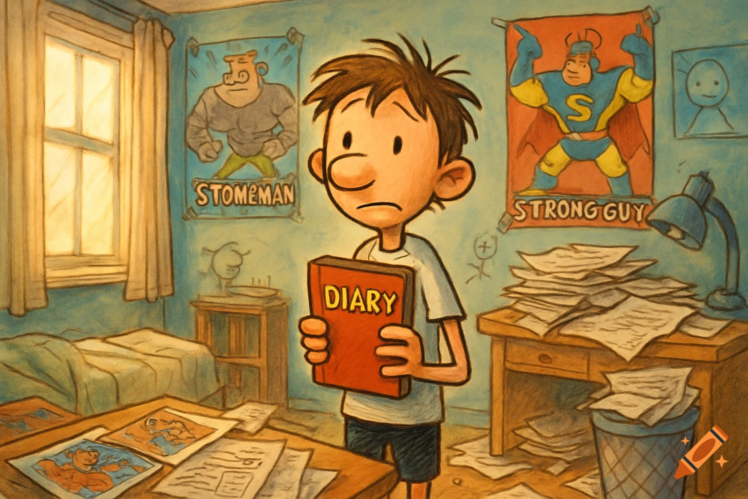 A cartoon boy with spiky brown hair, looking sad while holding a red book labeled "DIARY" in his messy bedroom, resembling the Diary of a Wimpy Kid style.