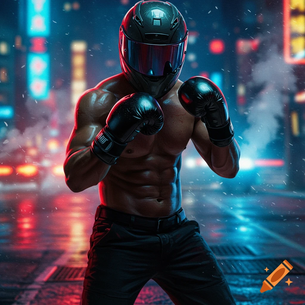A shirtless man in a black motorcycle helmet and boxing gloves, standing in an aggressive fighting stance on a neon-lit city street at night.