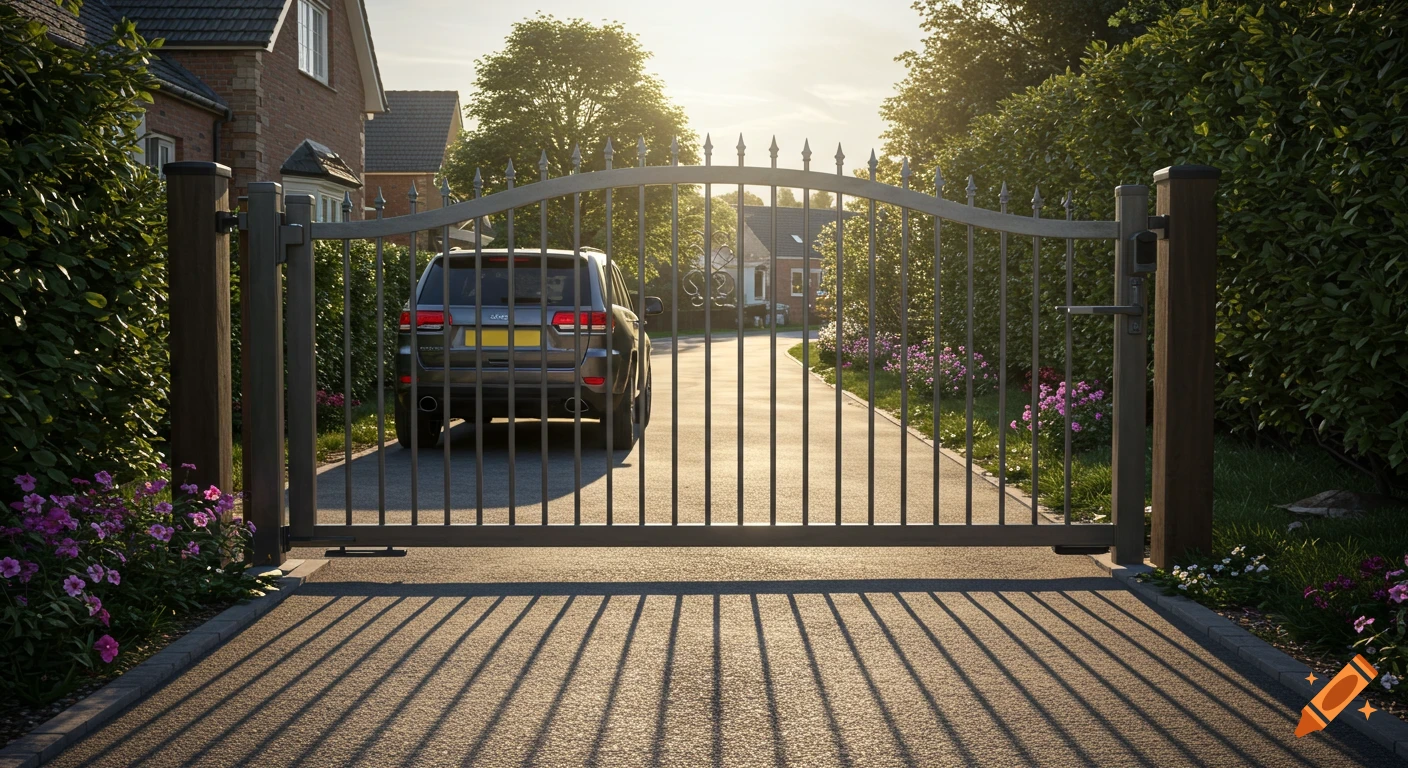 A closed, elegant steel swing gate on a suburban driveway, with a dark SUV parked behind it, bathed in warm sunlight.