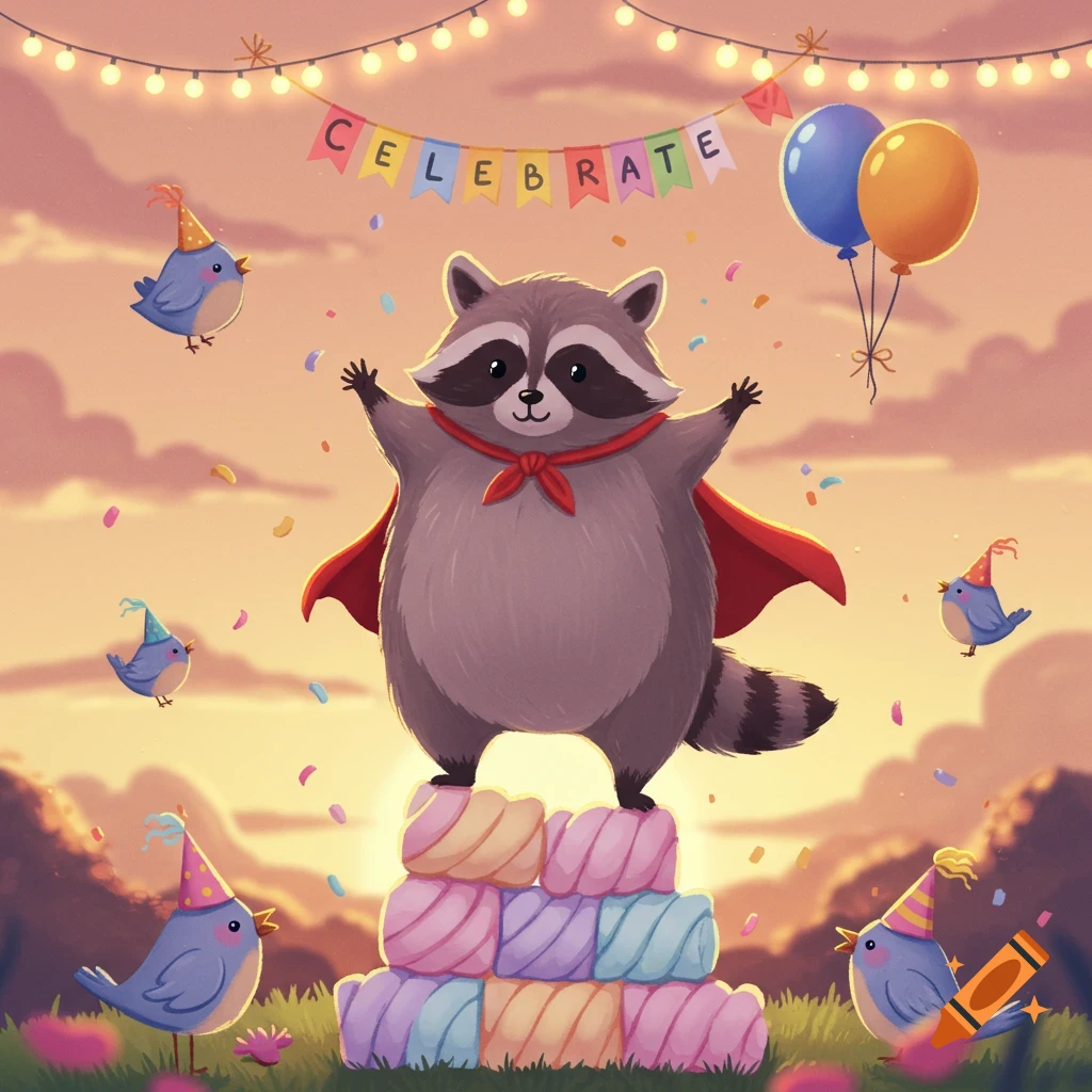 A cute cartoon raccoon in a red cape stands on marshmallows, surrounded by birds in party hats, balloons, confetti, and a 'CELEBRATE' banner.