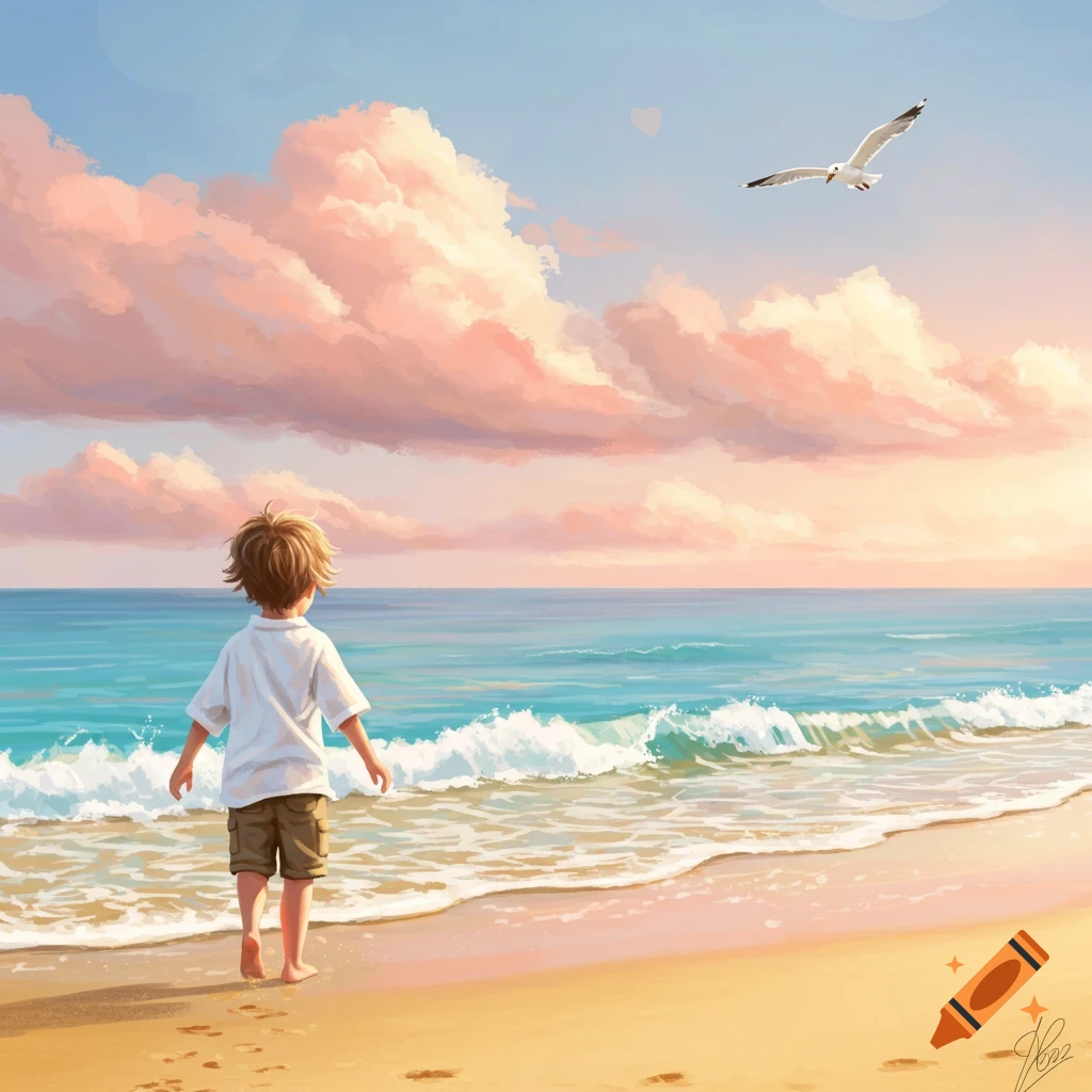 Illustrated boy on a beach, looking at the ocean with pink clouds and a flying seagull.