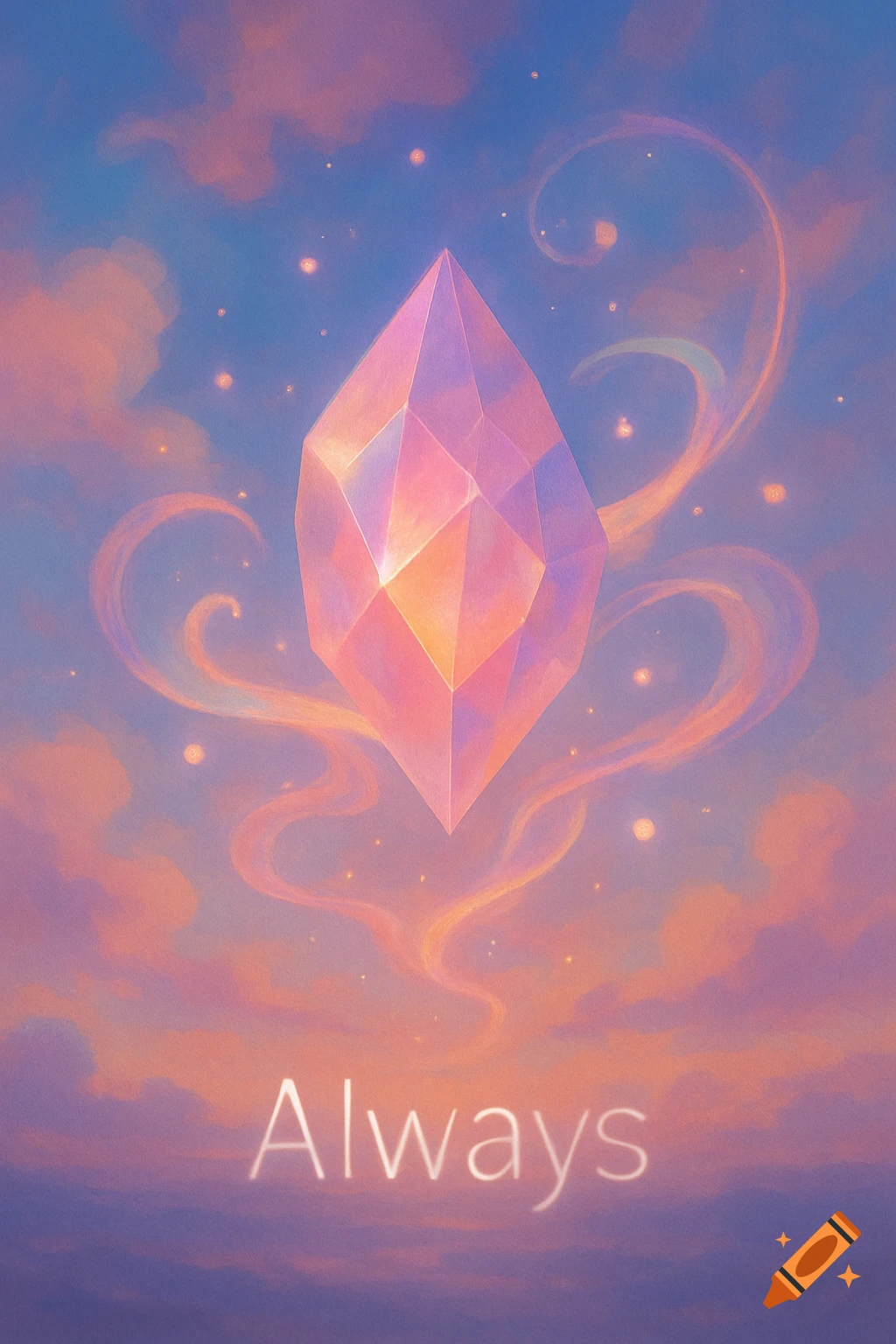 A glowing pink and orange crystal floats in a pastel sky with clouds and sparkling lights, with the word "Always" below.