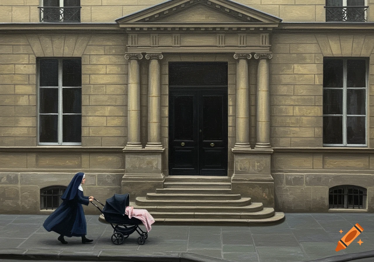 A nun in a dark habit pushes a baby carriage with a pink blanket past a grand stone Haussmannian building in an oil painting style.