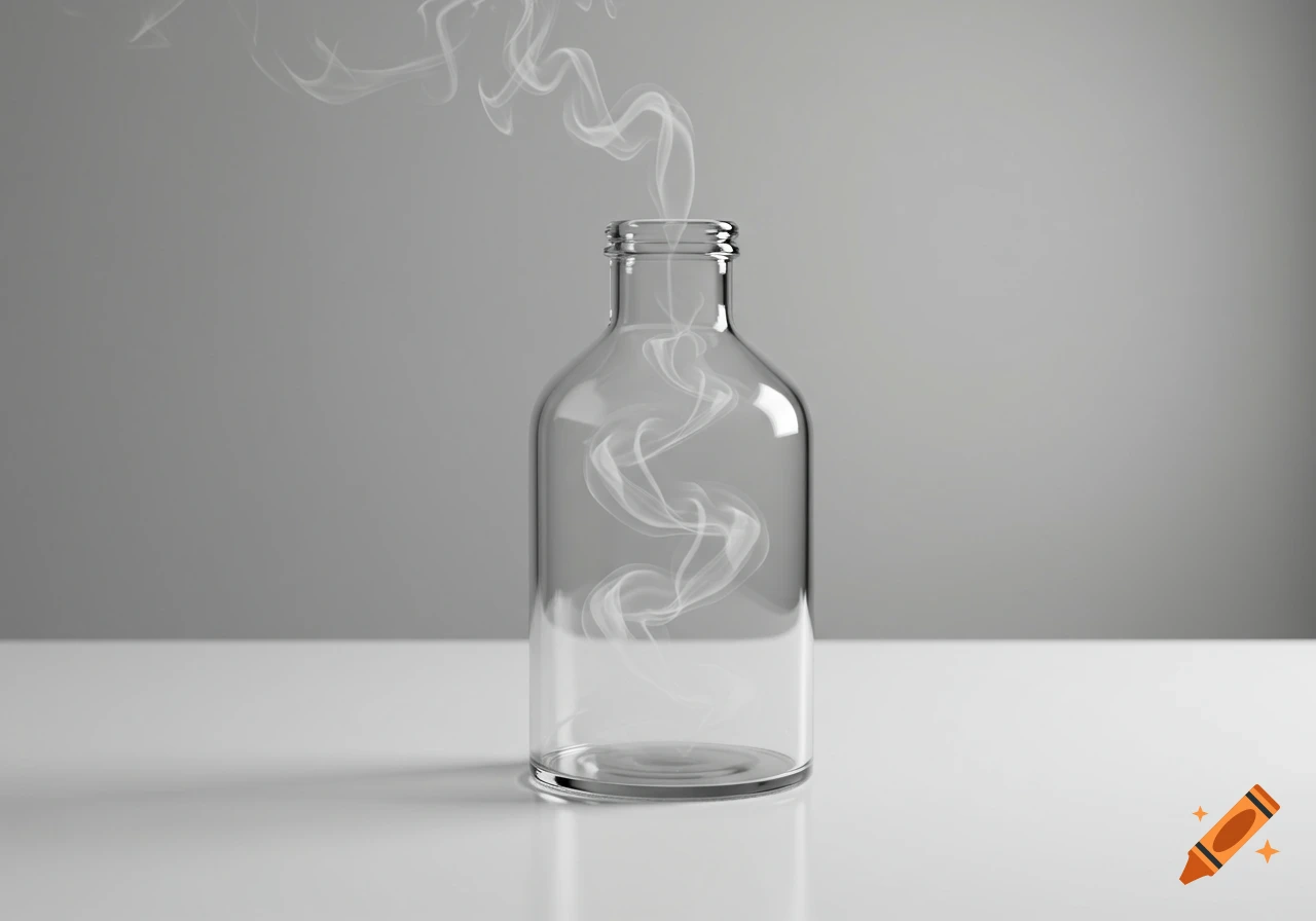 A clear empty glass bottle on a white table with white incense smoke swirling inside and above it, against a gray background.