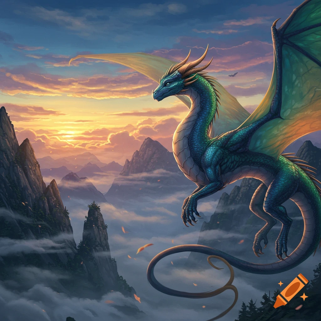 A majestic blue and green dragon with gold horns soars above misty mountains at sunset, digital painting.