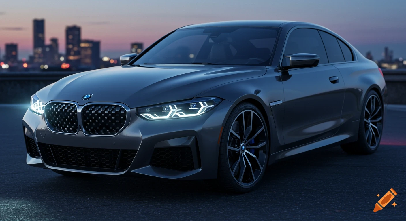 A dark grey BMW sports coupe with headlights on, parked on asphalt with a blurred city skyline at dusk, photorealistic style.