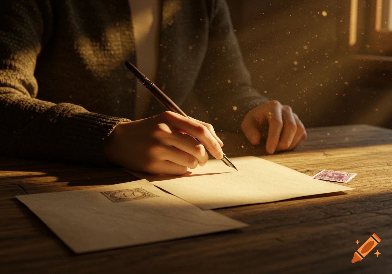 Close-up of hands writing a letter with a quill pen on a wooden table, illuminated by golden light and dust motes.