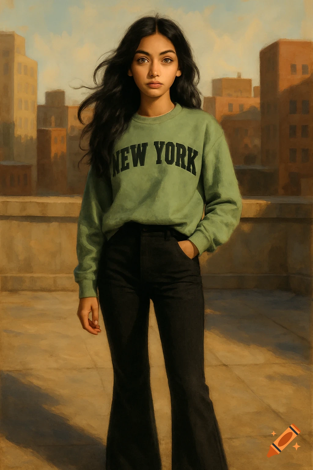 Young woman in a green 'NEW YORK' sweatshirt and black pants on a city rooftop, painterly style.