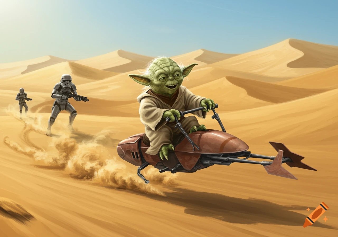 Yoda on a speeder bike happily drives through a sandy desert while being chased by two stormtroopers on foot.