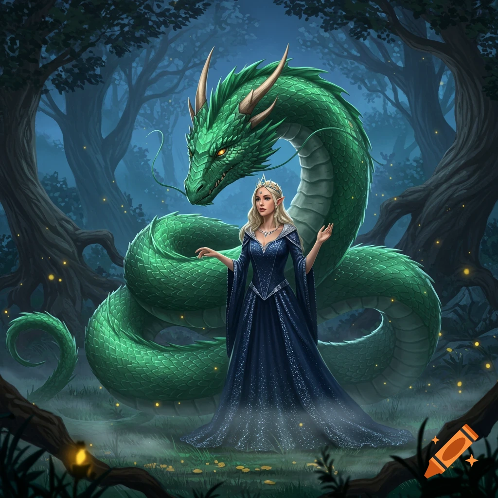 An elf princess in a blue gown stands next to a large green dragon in a dark, glowing fantasy forest.