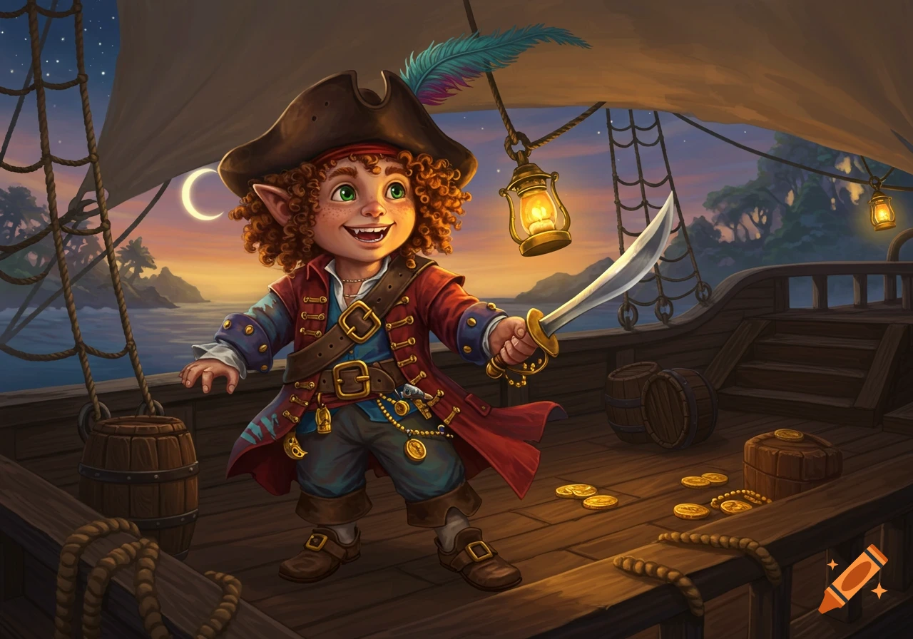 A cheerful, curly-haired, elf-eared pirate child stands on a ship deck at sunset, holding a cutlass with gold coins scattered around.
