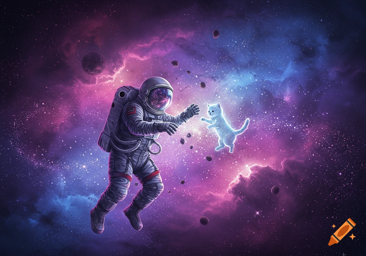 An astronaut in a vibrant, star-filled galaxy reaches out to a playful glowing white cat.