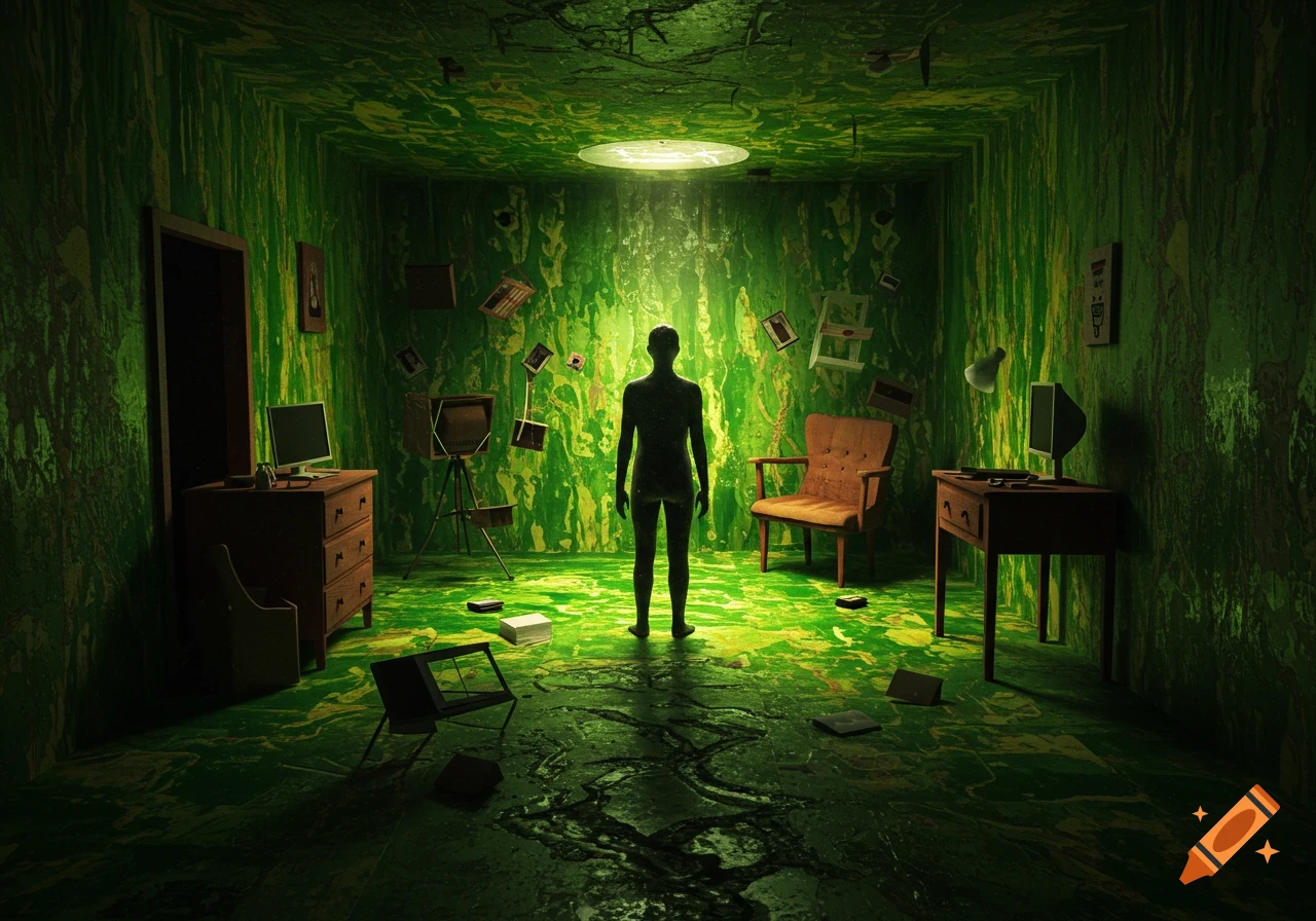 Eerie, surreal image of a silhouetted figure standing in a dark room covered in dripping green slime, with furniture and objects suspended around them.