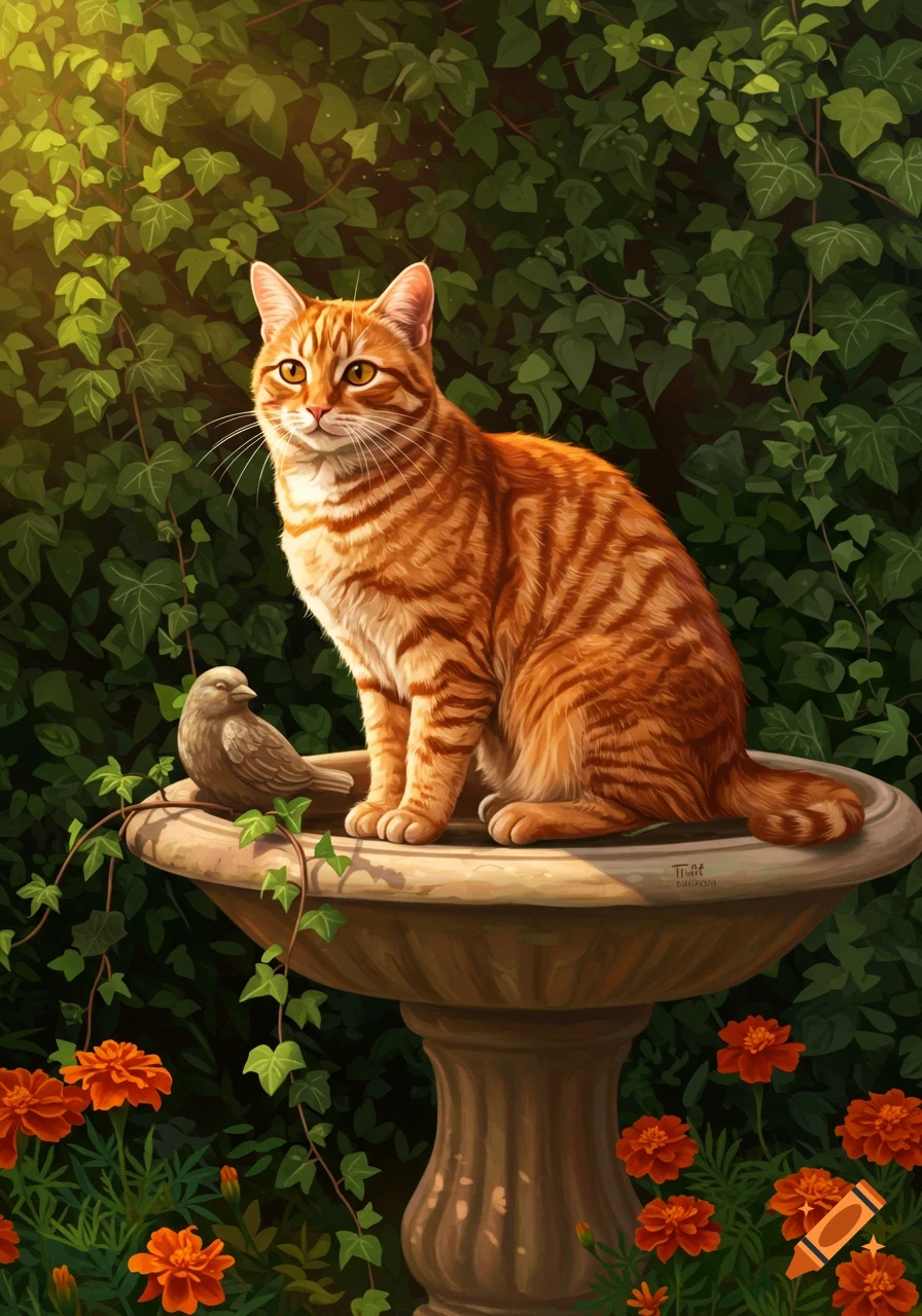 A vibrant illustration of an orange tabby cat perched on a stone birdbath next to a small bird, surrounded by green ivy and orange marigolds.
