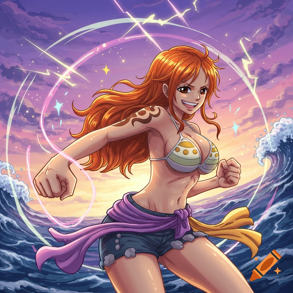Anime character Nami with long orange hair and a bikini top, punching amidst dynamic ocean waves and a vibrant sunset sky, in an action pose.