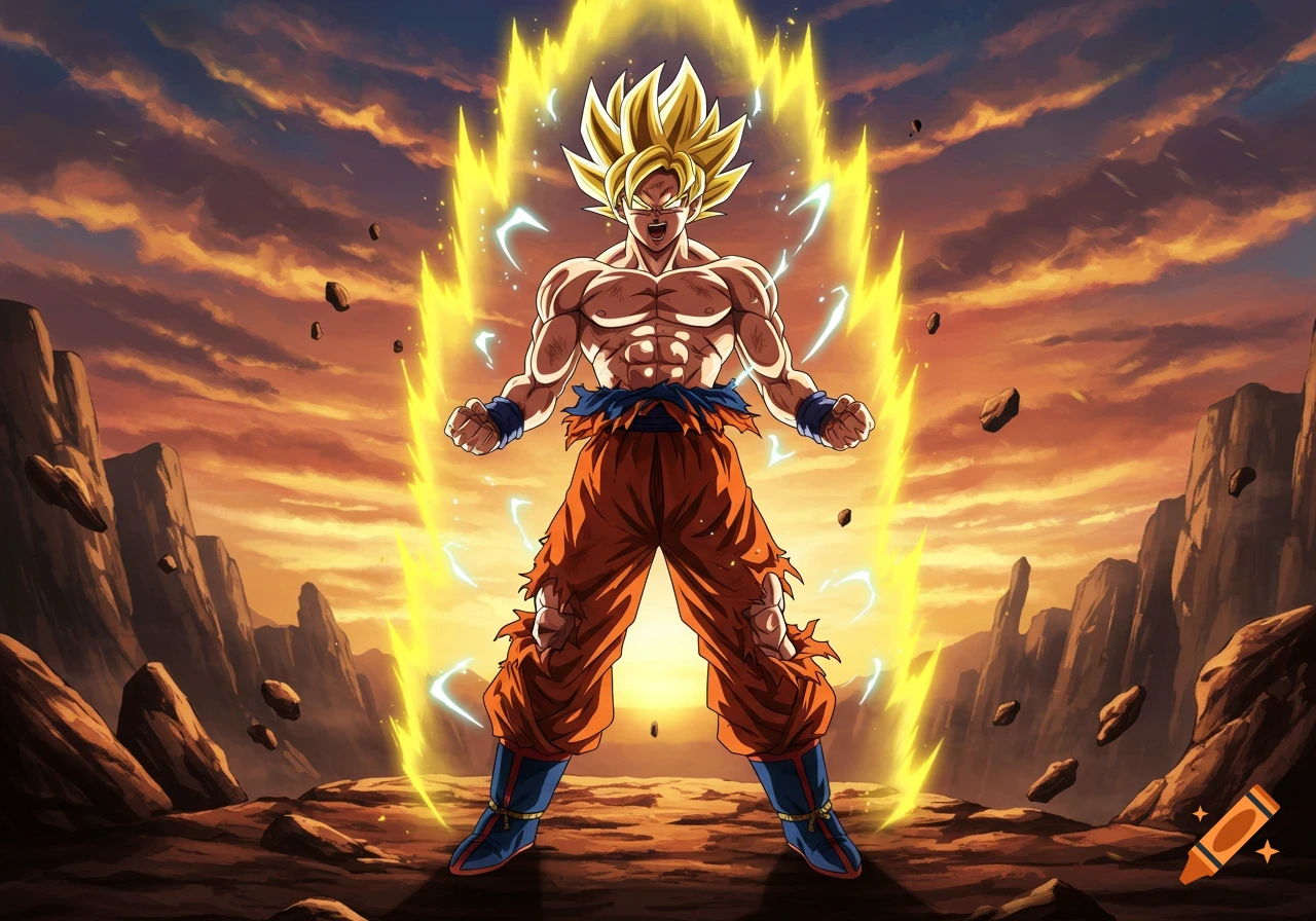 Goku in Super Saiyan form, surrounded by a yellow aura, powering up in a rocky landscape under an orange sky, anime style.
