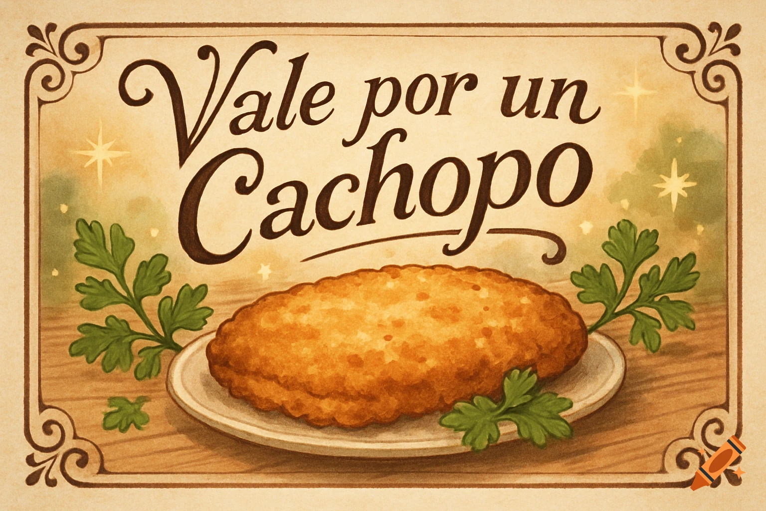 Vintage illustration of a coupon card that reads "Vale por un Cachopo", featuring a fried cachopo on a plate with parsley.