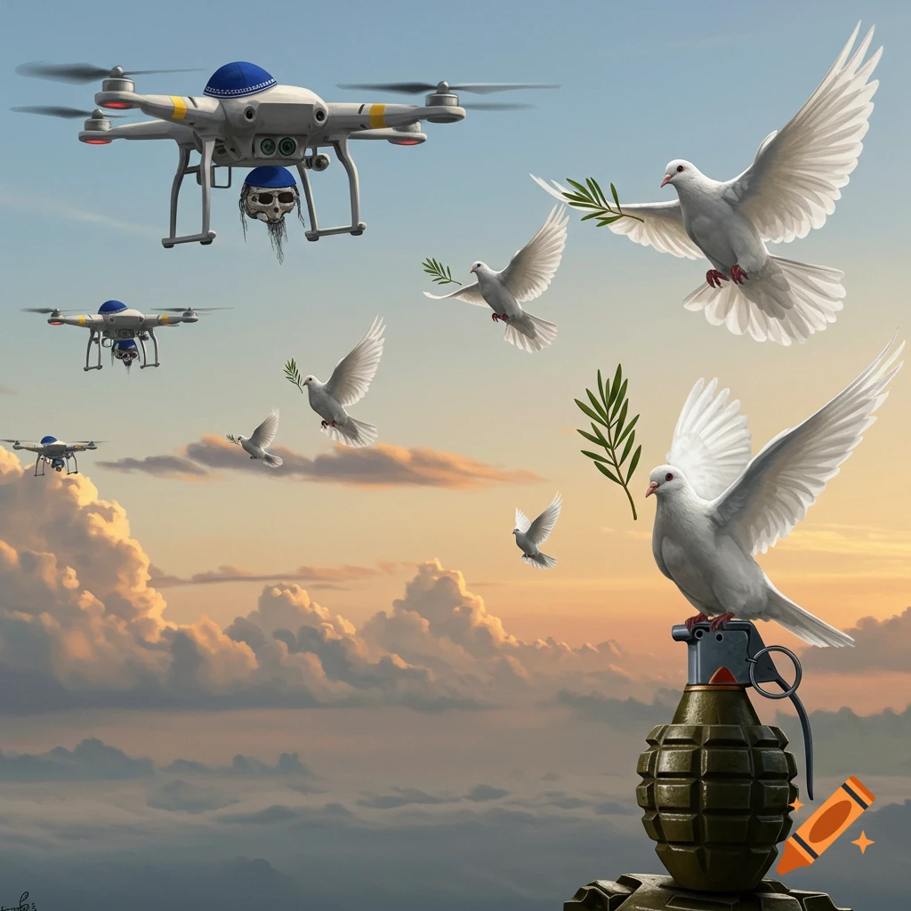 Drones with skull-like faces wearing kippahs fly with doves carrying olive branches, one dove on a hand grenade, against a cloudy sky.