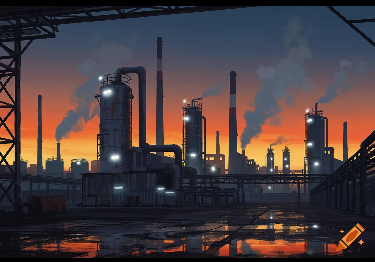 Stylized illustration of an industrial complex with many smokestacks and pipes, reflecting in wet ground at sunset.