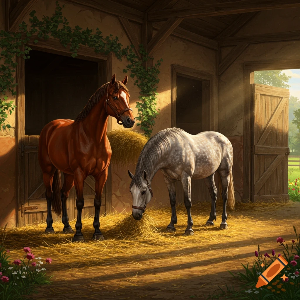 A brown horse and a dappled gray horse stand in a sunlit barn, eating hay from the ground. Photorealistic style.